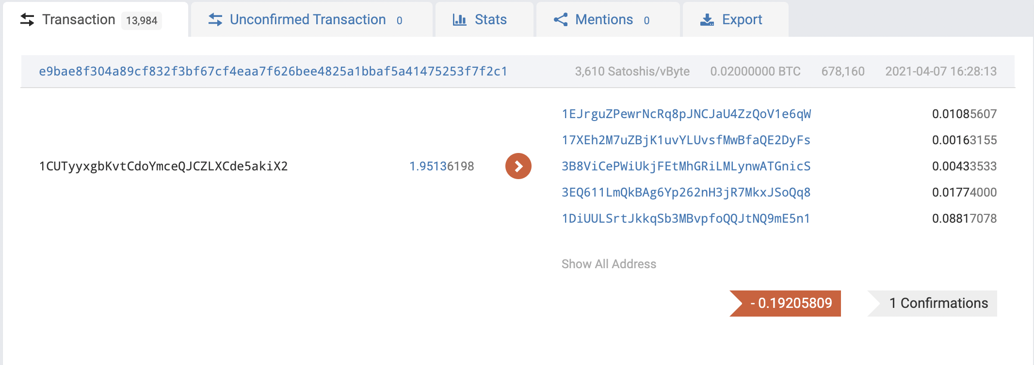 Snapshot of a live transaction on the Bitcoin network. Source: BTC.com