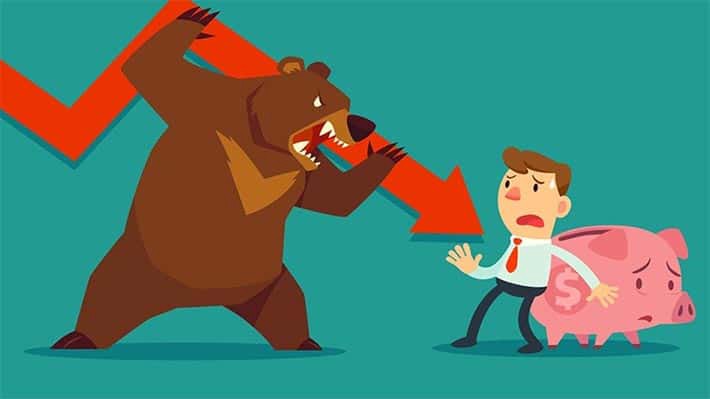 Bear with red arrow threatening man with piggybank